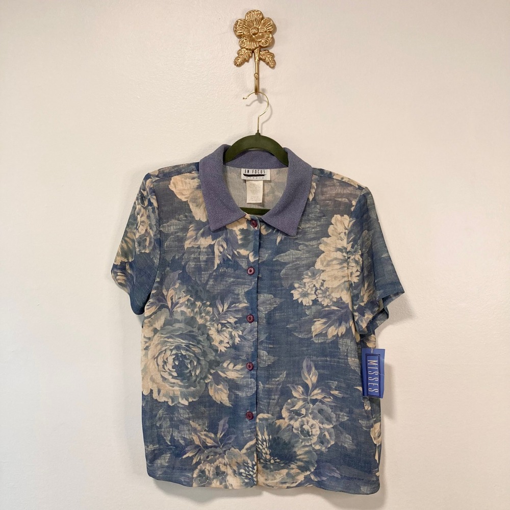 VTG 90s Cottagecore Blue Floral Short Sleeve Shirt 12 Grandmacore Grunge Fairy